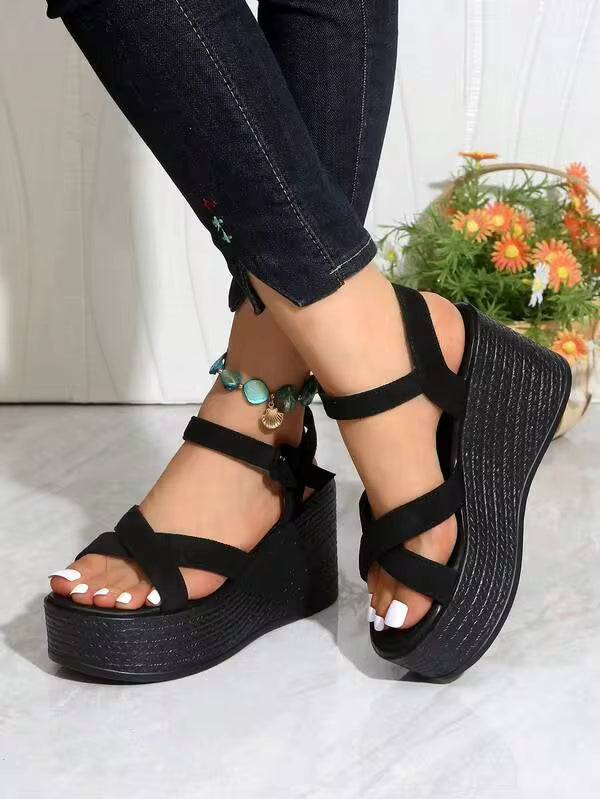 Women's Fashion Wedge Platform Sandals, Spring/Summer New Black High Heel Sandals, Lightweight And Comfortable - Suitable For Shopping, Vacation, Travel, Casual Daily Wear, Women's Buckle Strap Sandals