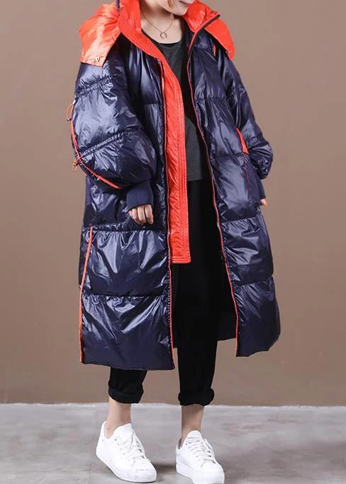 Trendy Wear plus size womens parka overcoat dark blue hooded patchwork goose Down coat