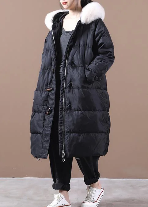 Soft Touch Casual Loose fitting snow jackets pockets overcoat black hooded fur collar warm winter coat