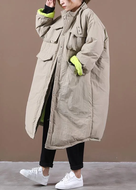 Comfort Fit women plus size winter jacket pockets khaki stand collar asymmetric warm winter coat