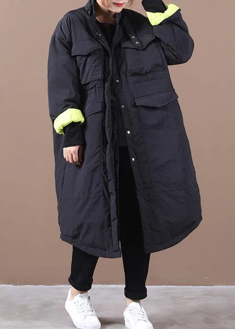 Cozy Outfit Casual Loose fitting womens parka pockets black stand collar asymmetric warm coat