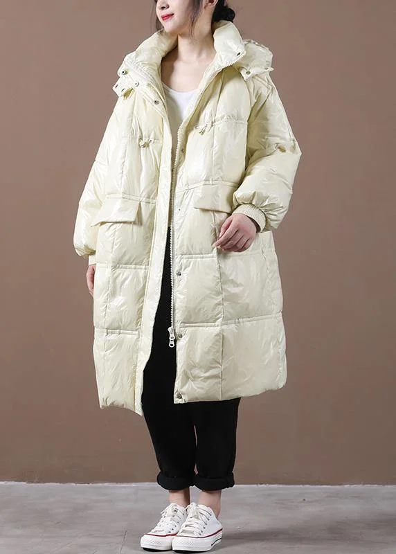 Chic Outfits 2024 beige down jacket woman Loose fitting winter jacket hooded pockets zippered Fine winter outwear