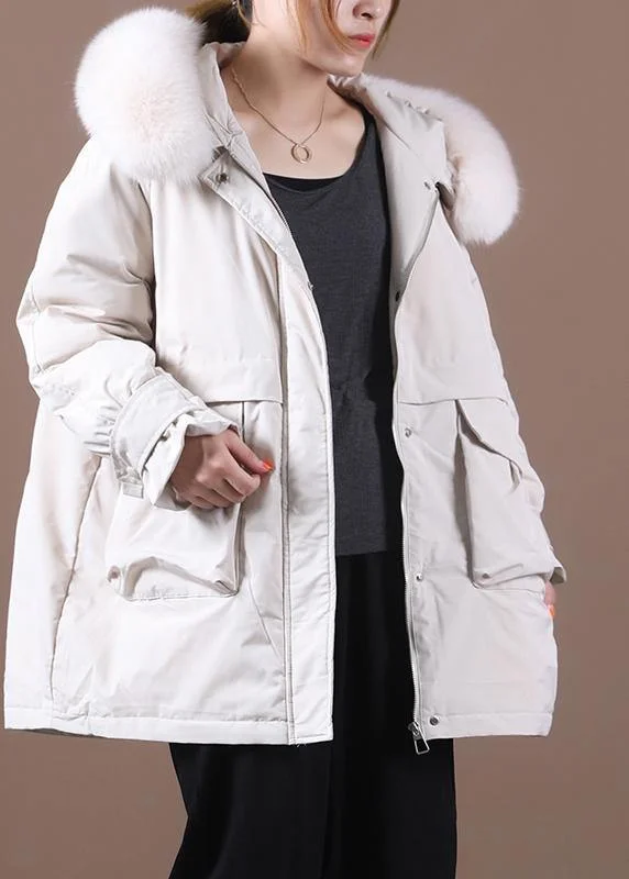 Smart Casuals Elegant beige down coat winter Loose fitting fur collar zippered Fine overcoat