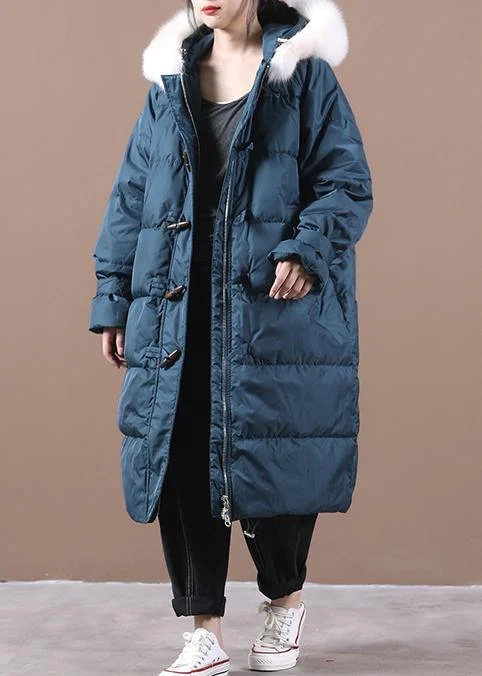 Stylish Wear Luxury blue warm winter coat plus size pockets snow jackets hooded fur collar Elegant Jackets