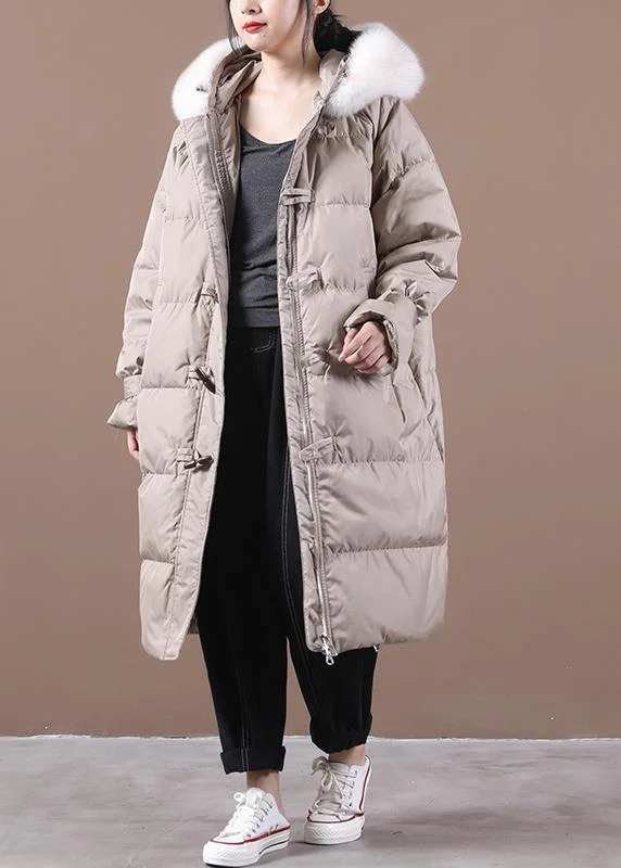 Comfortable Fashion Loose fitting snow jackets pocket outwear khaki hooded fur collar down coats