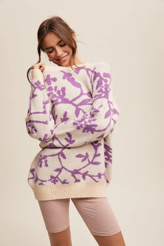 Breathable Comfort Lavender Floral Drop Shoulder Sweater