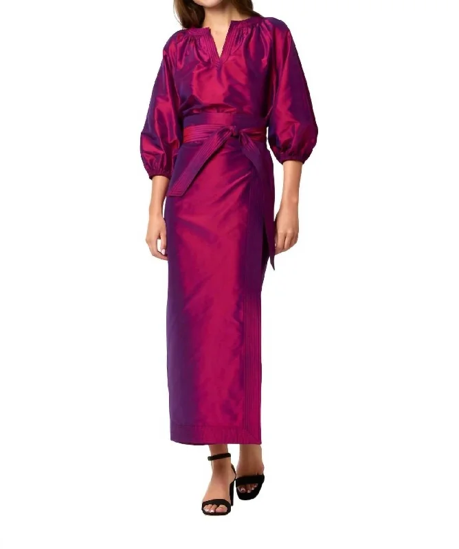 Elegant Wear Kira Maxi Wrap Skirt In Berry Iridescent Silk Shantung