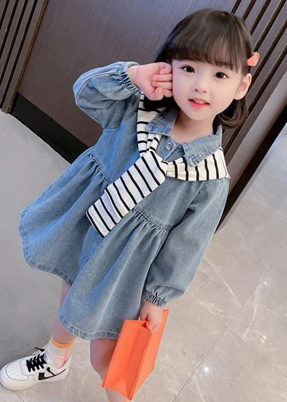 Casual Fit New Blue Peter Pan Collar Button Denim Girls Dresses Fall