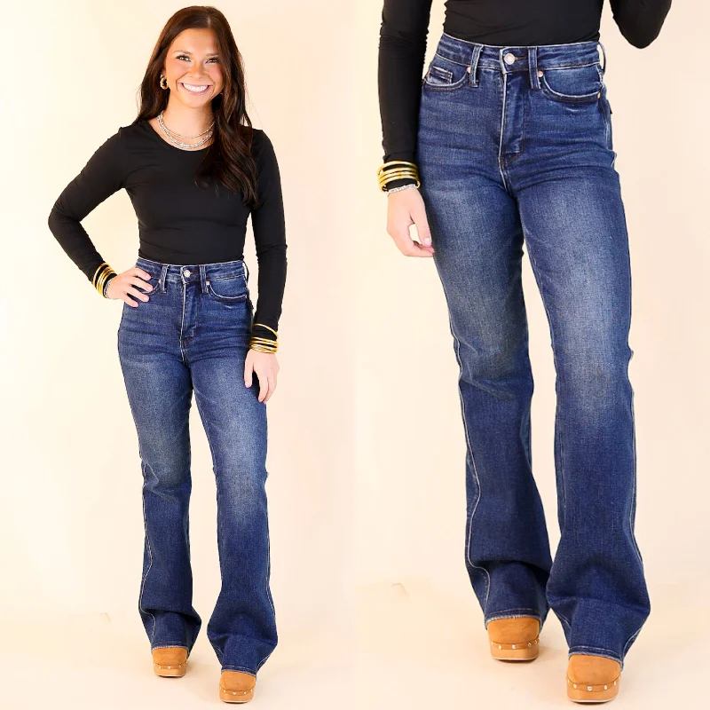 Casual Elegance Judy Blue | Stylish Stride Tummy Control Bootcut Jean with Back Pocket Embroidery in Dark Wash