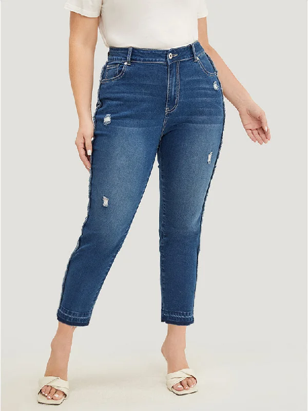 Casual Comfort Very Stretchy High Rise Medium Wash Raw Trim Jeans