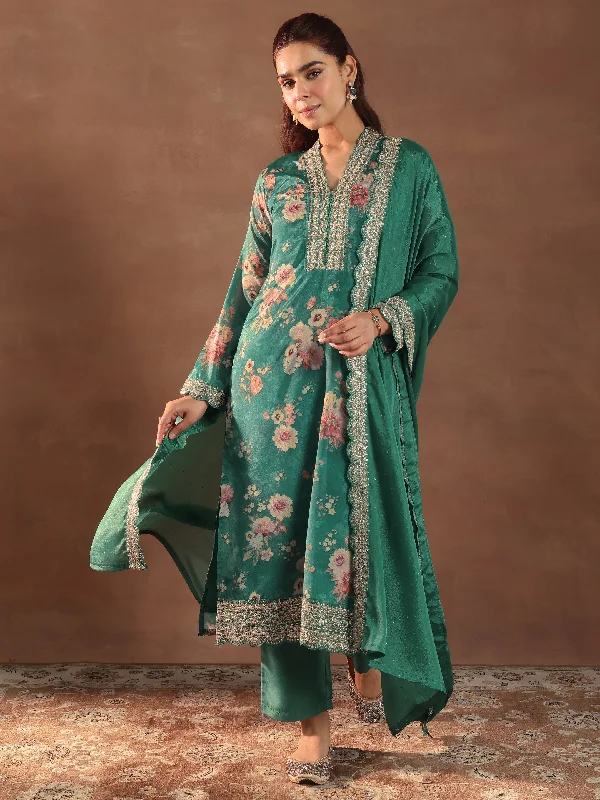 Classic Comfort Green Printed Silk Blend Straight Suit With Dupatta