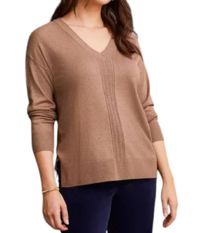 Trendy Casuals Long Sleeve V-Neck Sweater In Mocha