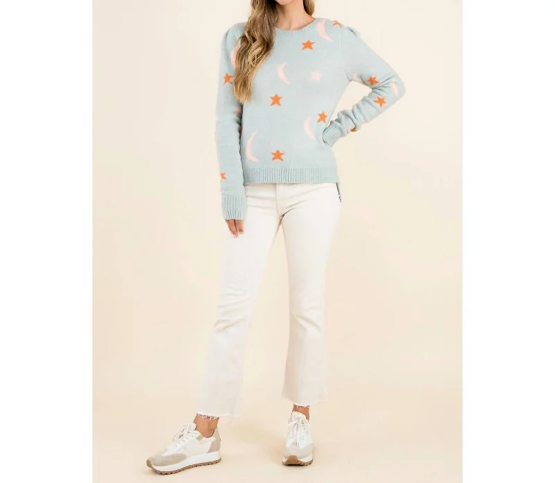 Relaxed Fit Wear Star And Moon Knit Sweater In Light Blue