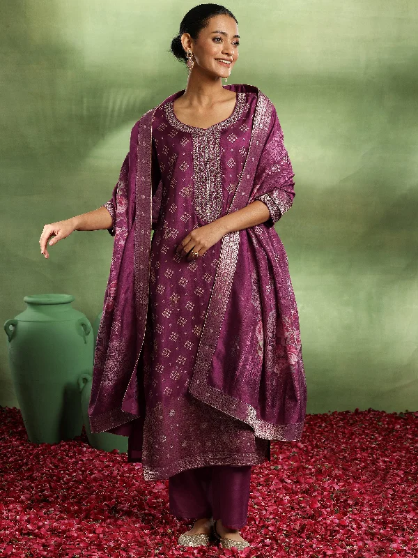 Fashionable Ease Magenta Printed Silk Blend Straight Suit With Dupatta