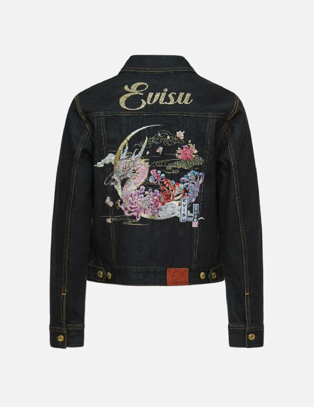 Sporty Elegance Moonlight Dragon Embroidered Denim Jacket