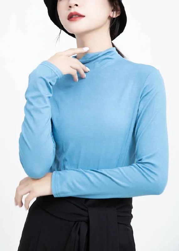 Versatile Outfits Loose blue cotton crane tops elastic oversized high neck shirts