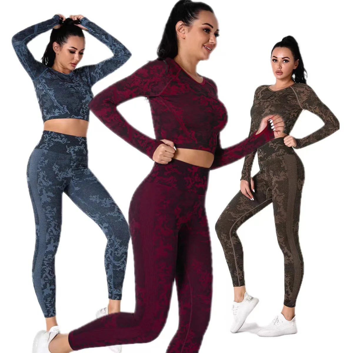 Light Comfort Stylish Women's Jacquard Leggings Set with Long Sleeve Camo Top for Yoga and Fitness