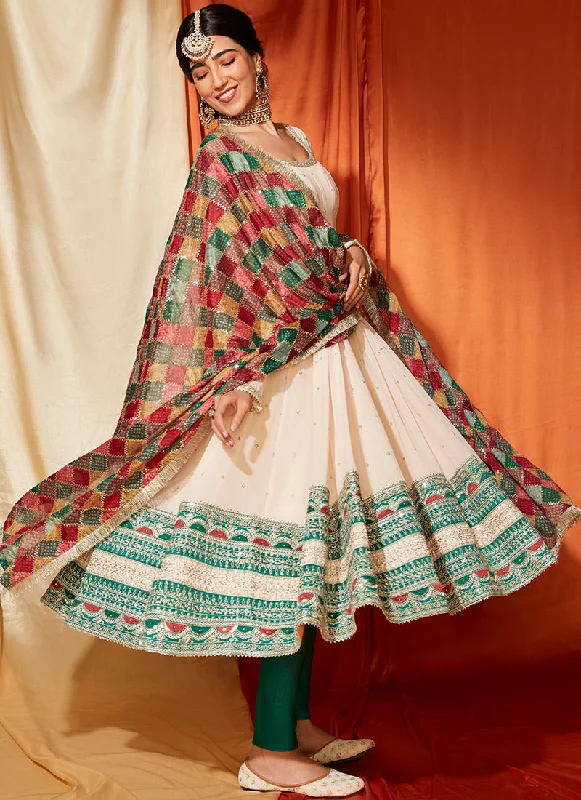 Trendy Looks Cream Anarkali With Multicolor Phulkari Dupatta