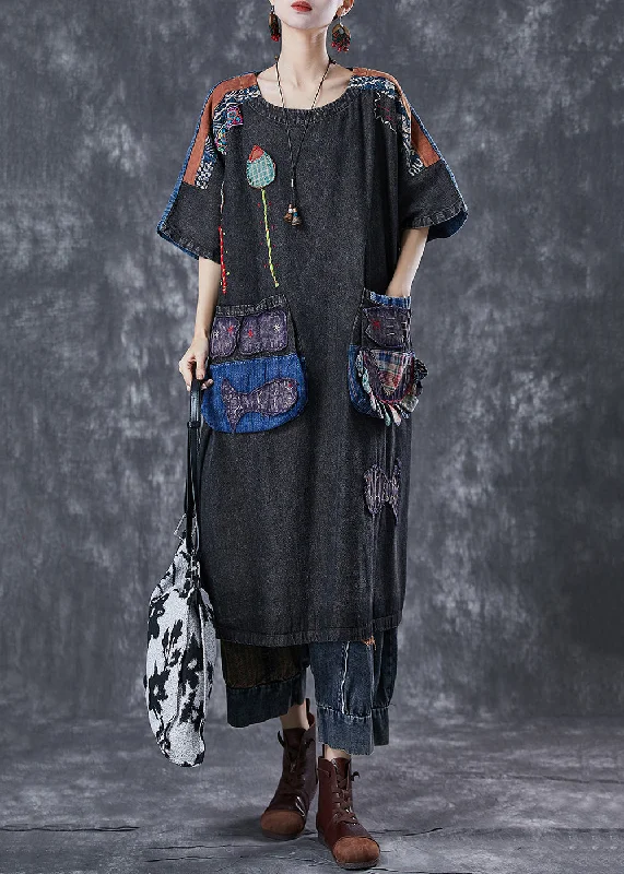 Cozy Shirts Vintage Black Embroideried Patchwork Applique Denim Maxi Dresses Summer