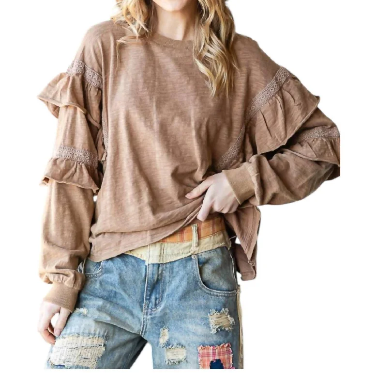 Breezy Style Cozy Ruffles Sweatshirt In Mocha Brown