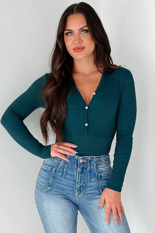 Cozy Layers Smile Often Button Front Long Sleeve Bodysuit (Hunter Green)