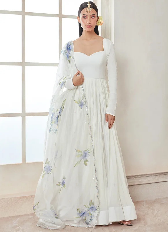 Relaxed Chic White Georgette Anarkali With Floral Printed Dupatta