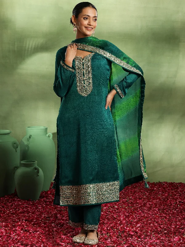 Soft Comfort Green Yoke Design Silk Blend Straight Suit With Dupatta