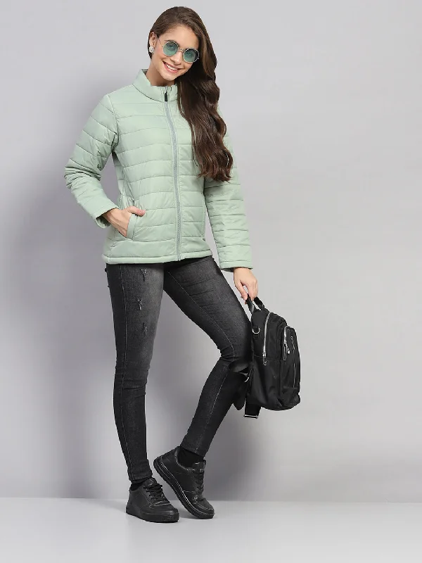 Casual Chic Wear Women Green Solid Mock Neck Full Sleeve Jacket