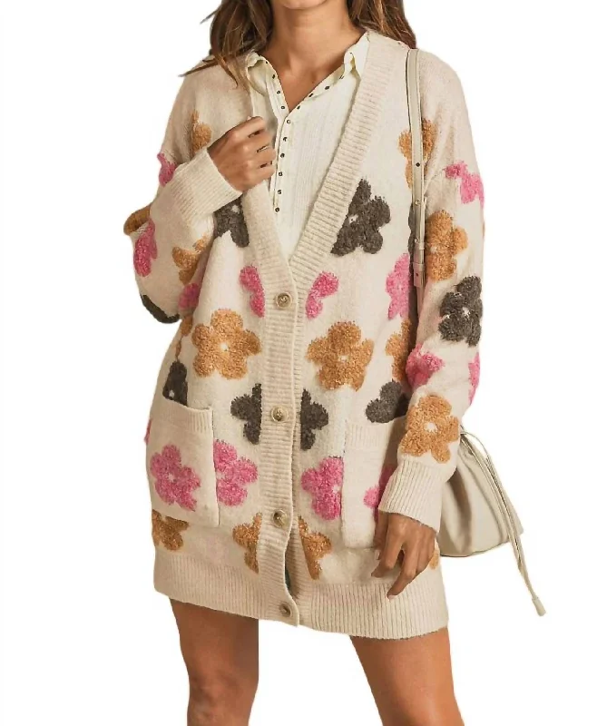 Fashionable Ease Royce Retro Flower Embroidery V-Neck Cardigan In Oatmeal