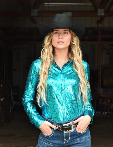 Easy Style Cowgirl Tuff Metallic Turquoise Shirt