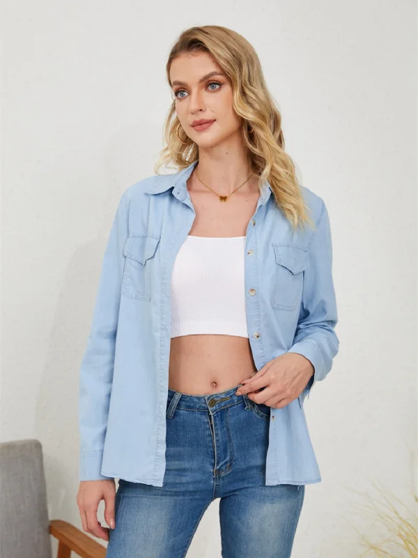 Summer Comfort Pocketed Button Up Long Sleeve Denim Shirt