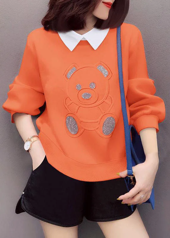 Soft Style Loose Orange PeterPan Collar Print Casual Fall Pullover Street wear