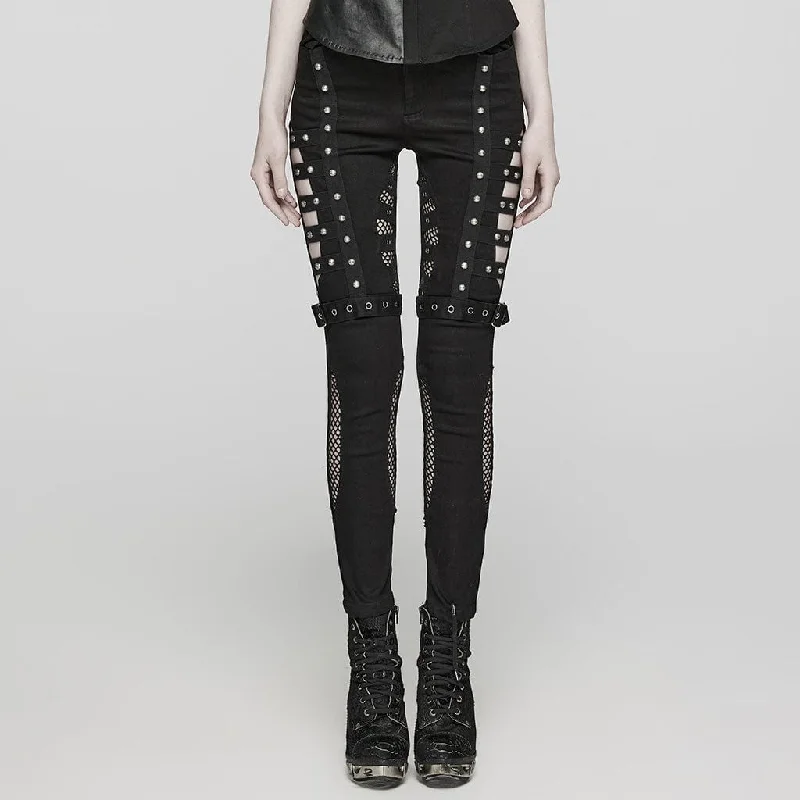 Cozy Chic Wear Women's Punk Cutout Mesh Eyelet Jeans