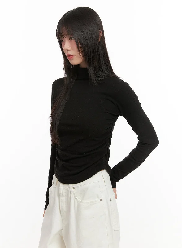 Soft Fabrics Shirred Slim-Fit Turtle Neck Top CJ506