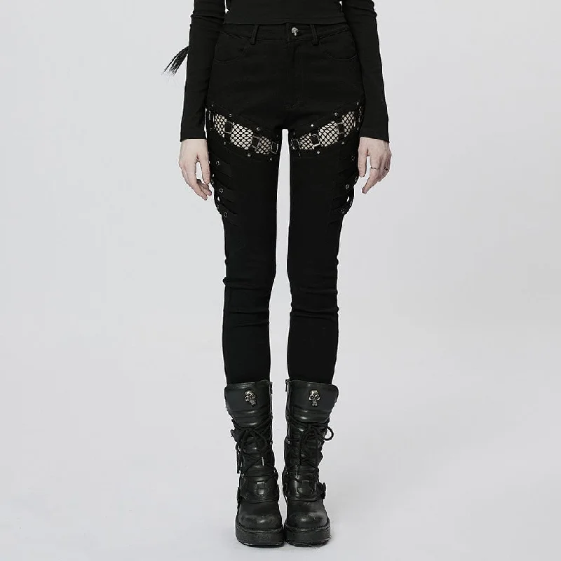 Timeless Style Women's Punk Mesh Splice Buckles Jeans