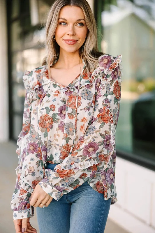 Comfy Pants Good Ideas Cream White Floral Blouse