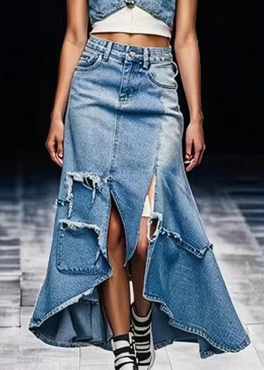 Versatile Wear Unique Blue Side Open Low High Design Denim Skirt Summer