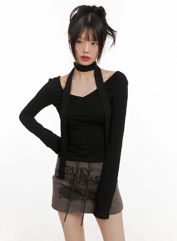 Light Comfort Shirred V-Neck Long-Sleeve Top with Scarf CJ502