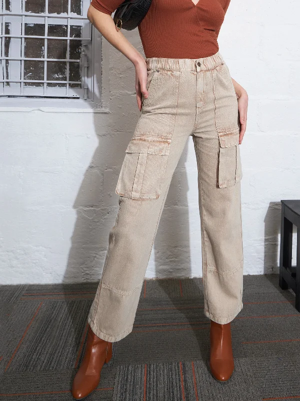 Luxe Comfort Women Beige Box Pocket Cargo Jeans