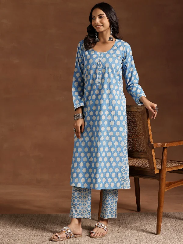 Relaxed Chic Blue Printed Cotton A-Line Kurta With Trousers