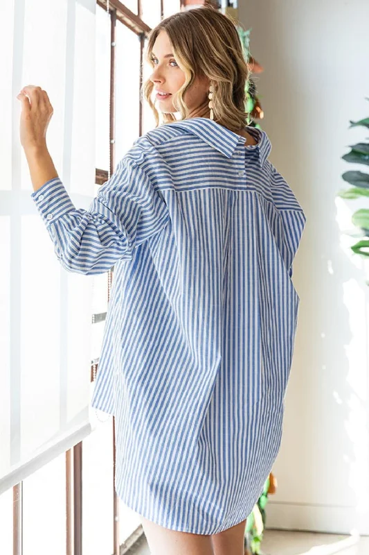 Stylish Jackets Striped Button Down High-Low Hem Shirt