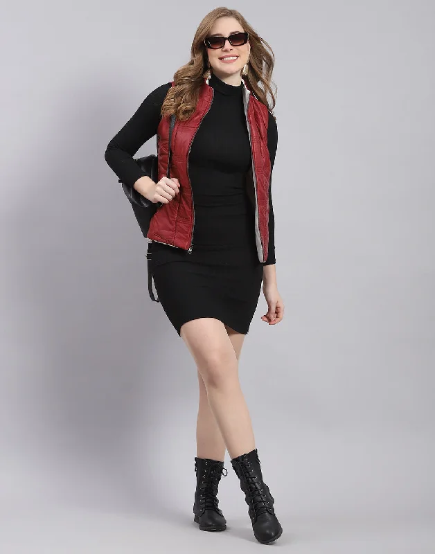 Stylish Wear Women Maroon Solid Stand Collar Sleeveless Jacket