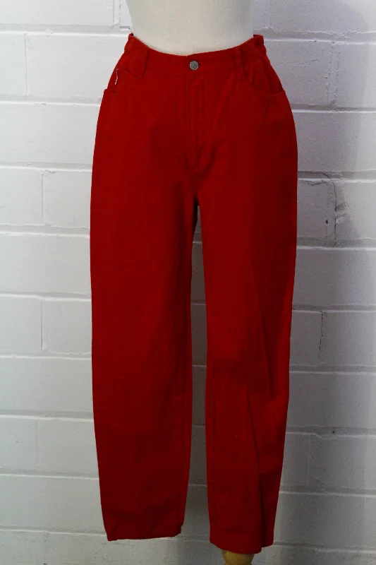 Breezy Comfort Vintage 80s High-Waisted Red Denim Bongo Jeans, Tapered Leg, W28