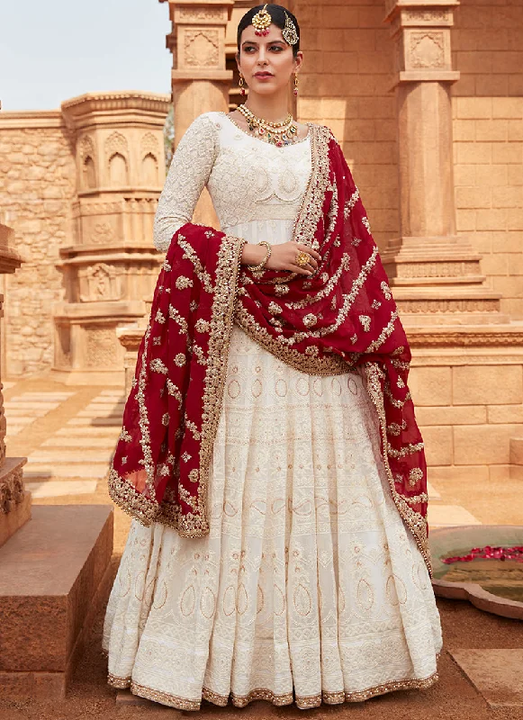 Smart Comfort Off White Lakhnavi Anarkali With Maroon Dupatta