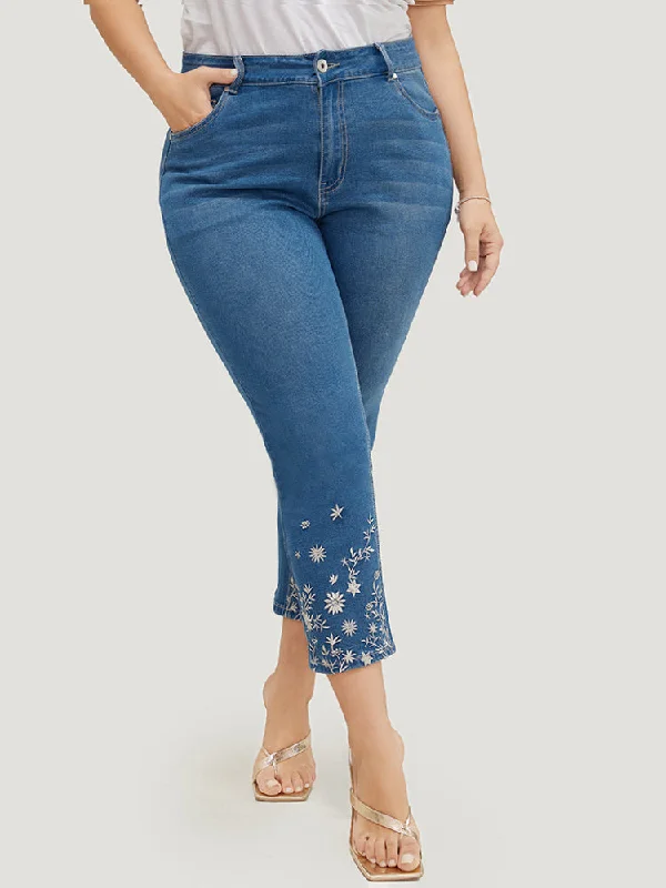 Classic Comfort Very Stretchy High Rise Medium Wash Embroidered Hem Jeans