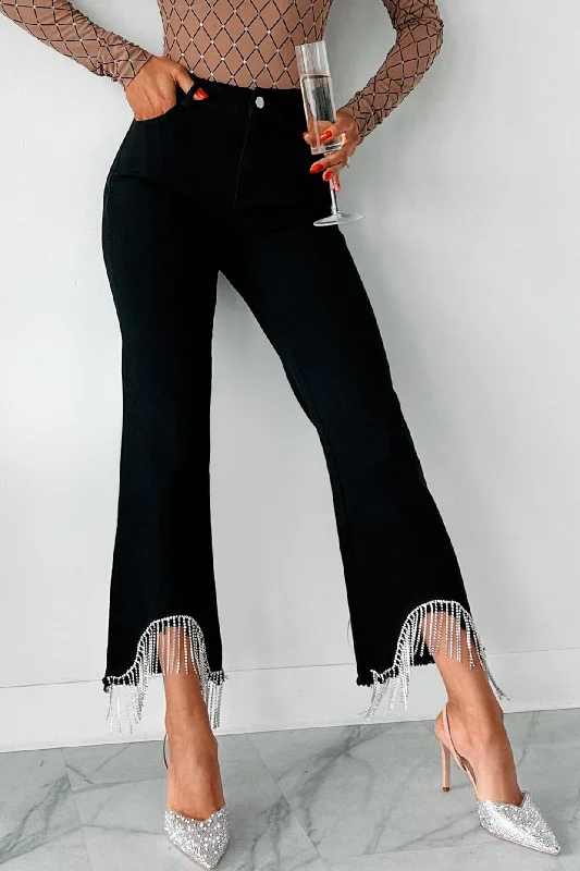 Elegant Fit Made It Shine Rhinestone Fringe Jeans (Black)