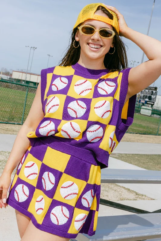 All-Day Comfort Purple & Gold Checkered Baseball Skirt