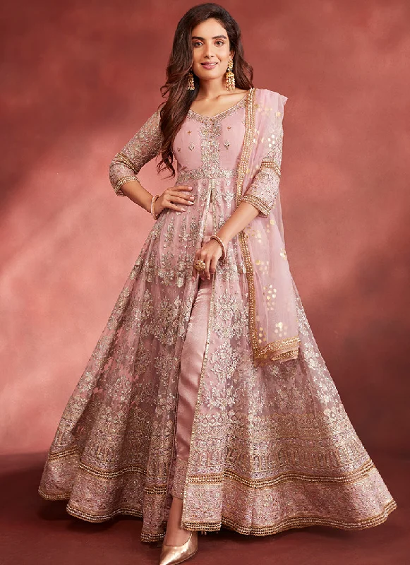 Elegant Fit Rose Pink Embroidered Pant Style Anarkali