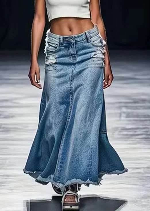 Casual Elegance New Blue Hole Pockets High Waist Denim Maxi Skirts Summer