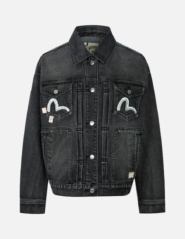 Comfortable Looks Seagull Embroidery with Logo-pattern Panelled Fashion Fit Denim Jacket